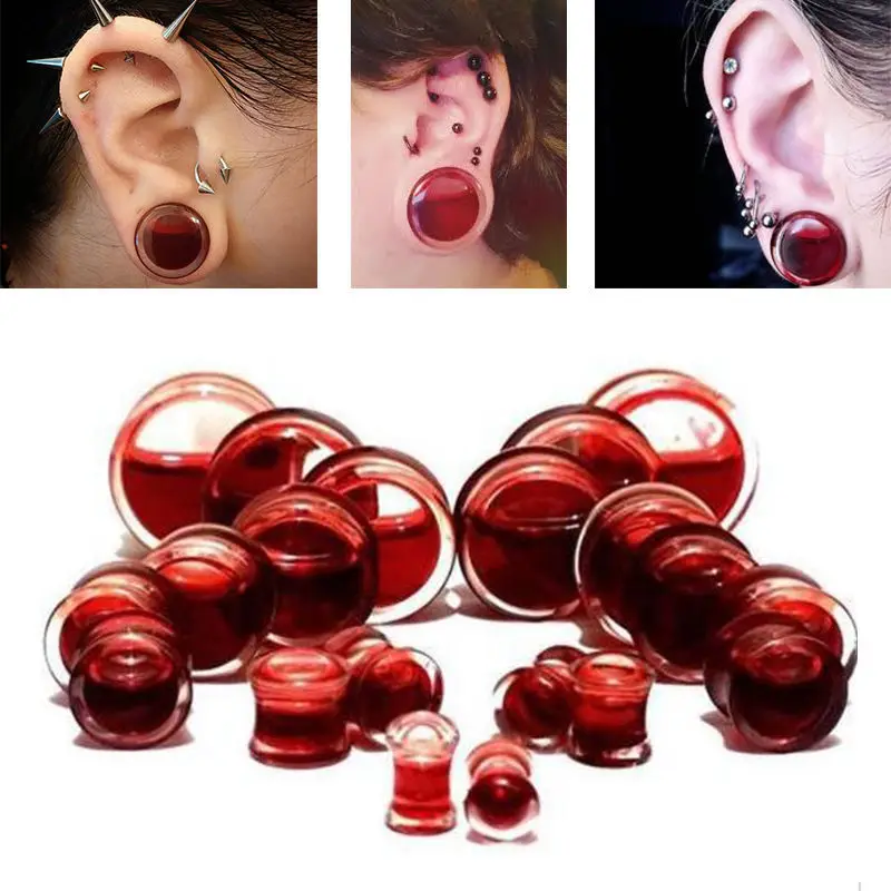 Pair Blood Red Liquid Filled Ear Plugs Flesh Tunnels Gauges Saddle Body