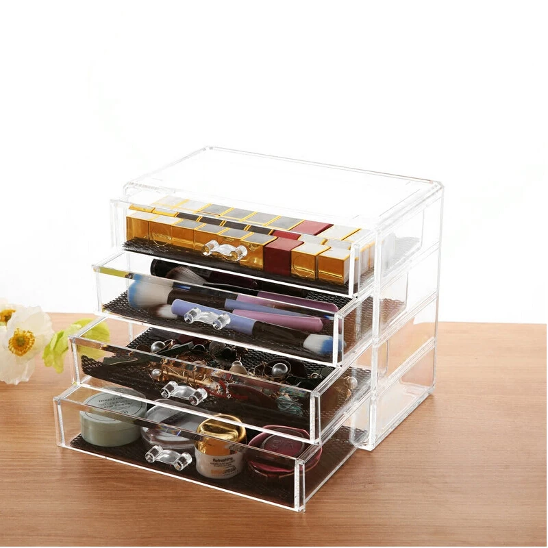 

Professional Heavy-Duty Clear Acrylic Cosmetic Storage Box Makeup Organizer With 4 Drawers & Flip Top For Jewelry Cosmetic Hot