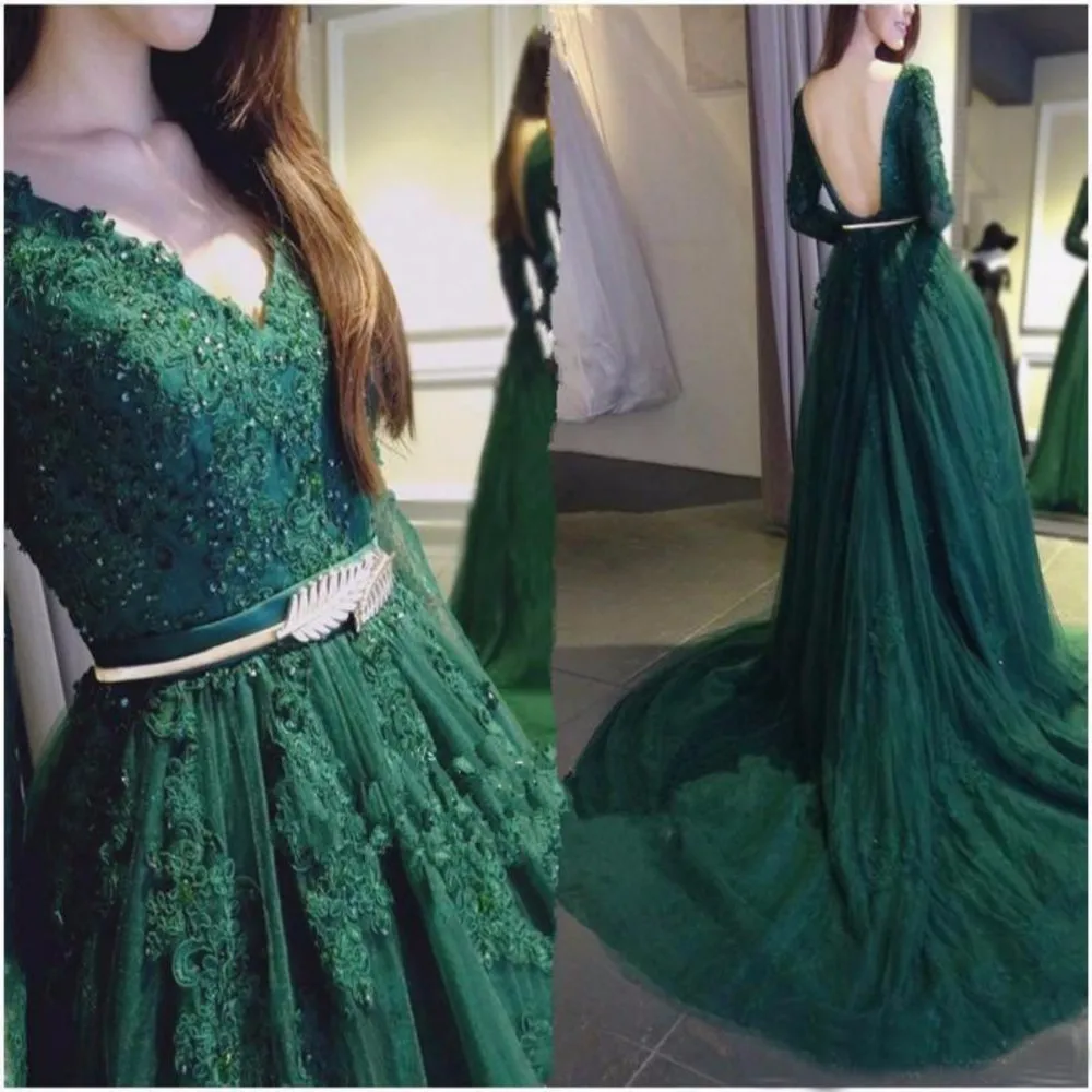 

Elegant Emerald Green V Neck Long Sleeve Backless Tulle Prom Dress With Beaded Lace Applique Formal Wvening GownVestido De Festa