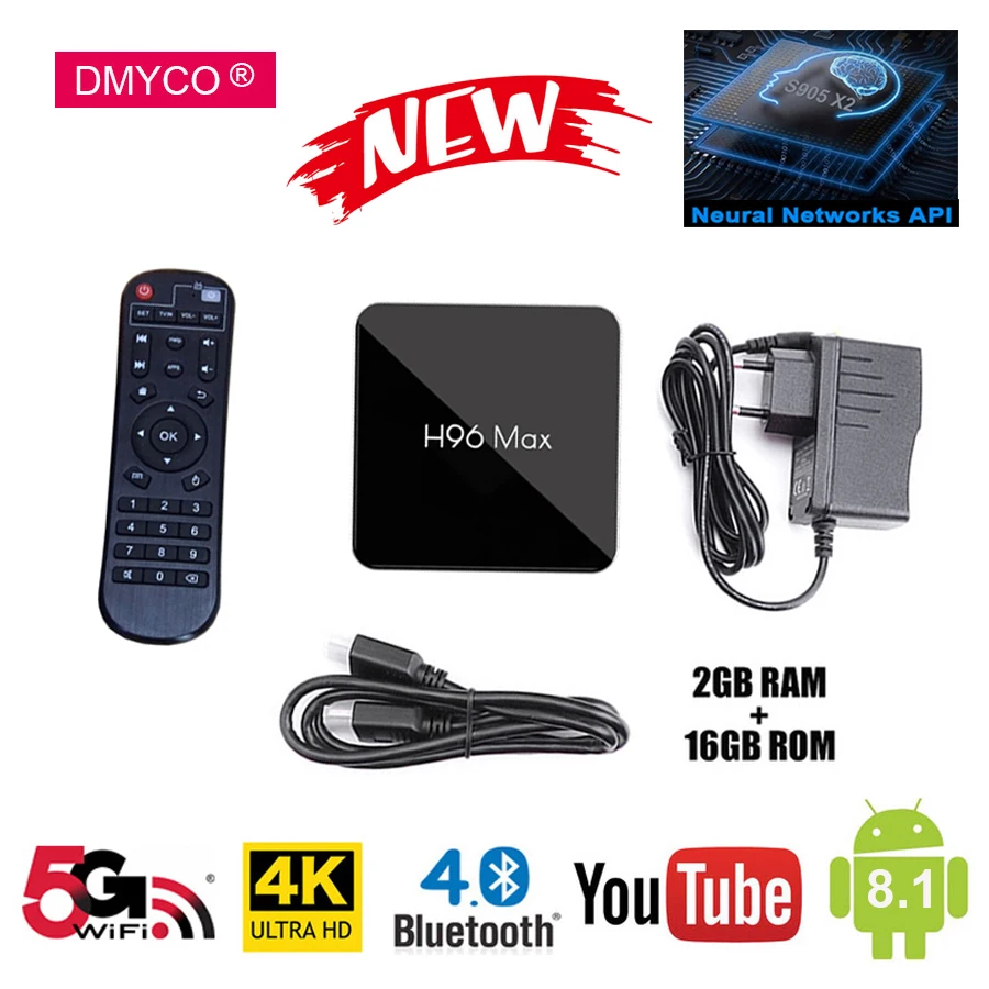 

New Chip Amlogic S905X2 TV BOX Android 8.1 OS Smart TV Box 2GB 16GB Quad Core 5.0GHz WiFi Bluetooth USB3.0 H96 Max Set top box