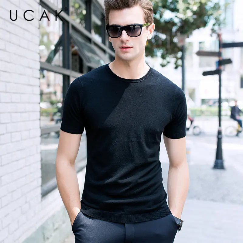 

UCAK Brand Sweater Men Casual Short Sleeve O-Neck Pull Homme Pure Merino Wool Pullover Men Autumn Winter Cashmere Sweaters U3003