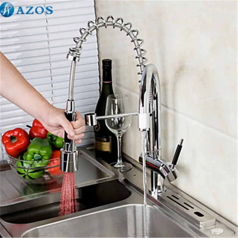 

Kitchen Sink Faucet 3 Color Led Light Rotatable Spring Hose Pull Out Down Spout Waterfall Chrome Polish Deck Mount Mixer CFLT051