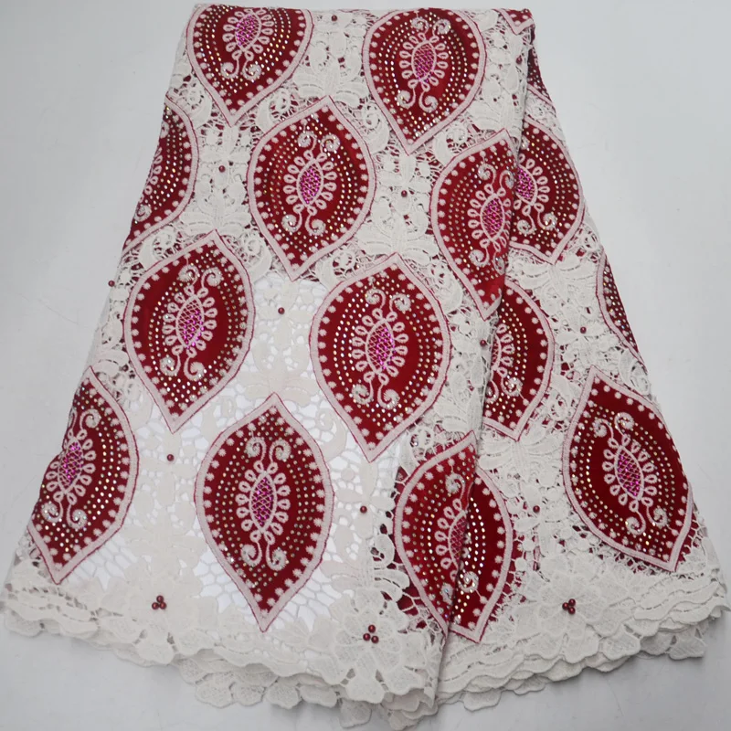 

Free shipping (5yards/pc) white and red African velvet lace fabric fashion guipure lace fabric with rhinestones and beads WLP005