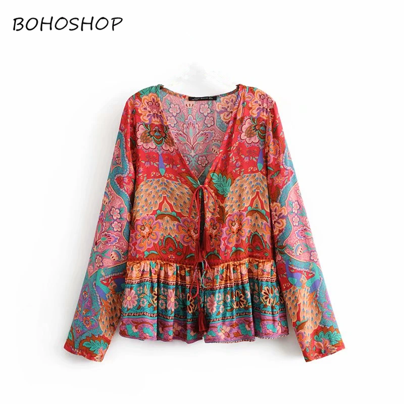 

Vintage Chic women birds floral printed long sleeve Bohemian blouse shirts ladies rayon V-neck blouse shirt