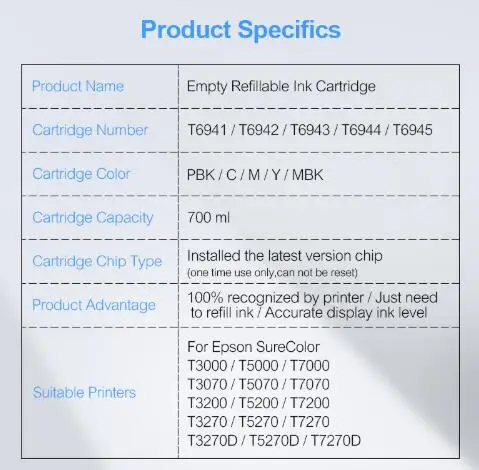 5 шт. 700 мл многоразовый чернильный картридж для Epson T3000 3070 T5000 5070 T7000 7070 Surecolor SC T6941 944