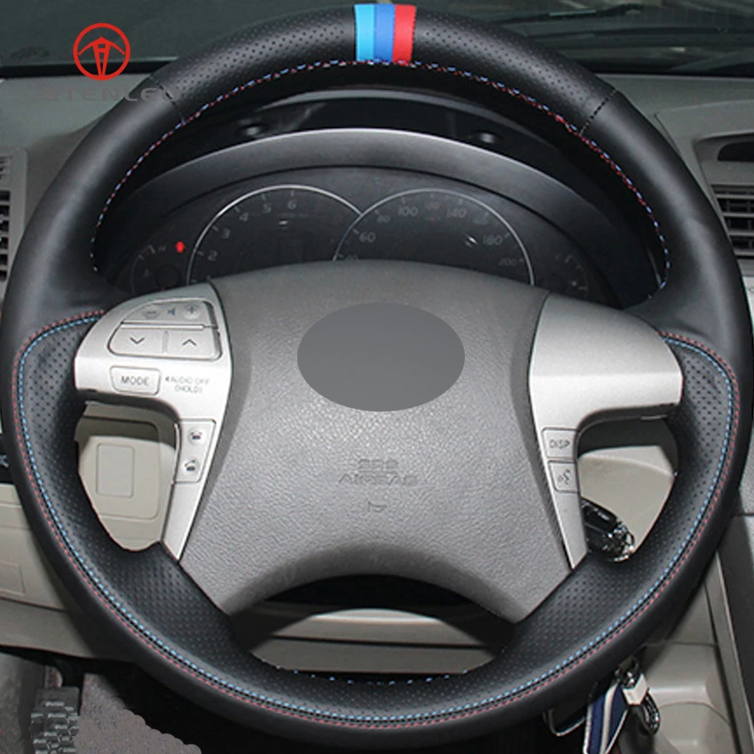 LQTENLEO Black Genuine Leather DIY Hand stitched Car Steering Wheel