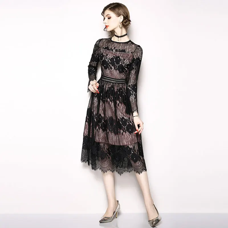 Borisovich женское повседневное кружевное длинное платье бренд осень мода английский стиль выдалбливают Элегантные женские вечерние платья M950