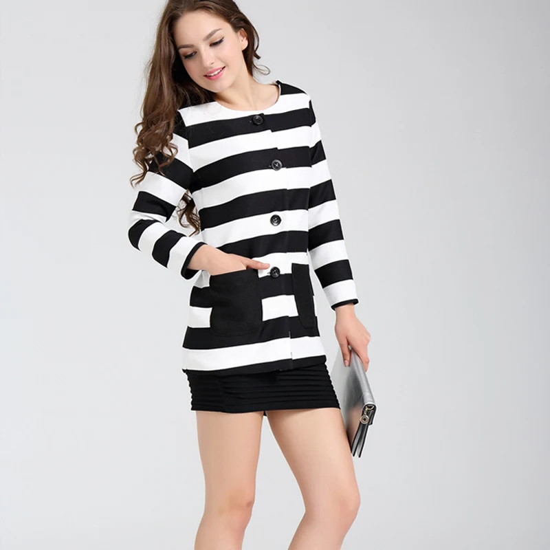 Plus Size Striped Button Long Sleeve Women Jackets Patchwork Knitted Woman's Coats  2019 Winter Office Lady Clothes Female 4XL