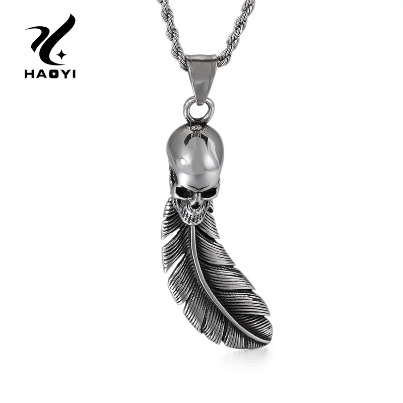 

Feather Skull Stainless Steel Pendant Necklace For Men Personalized Fashion Hiphop/Rock Punk Metal Necklace For Male Jewelry