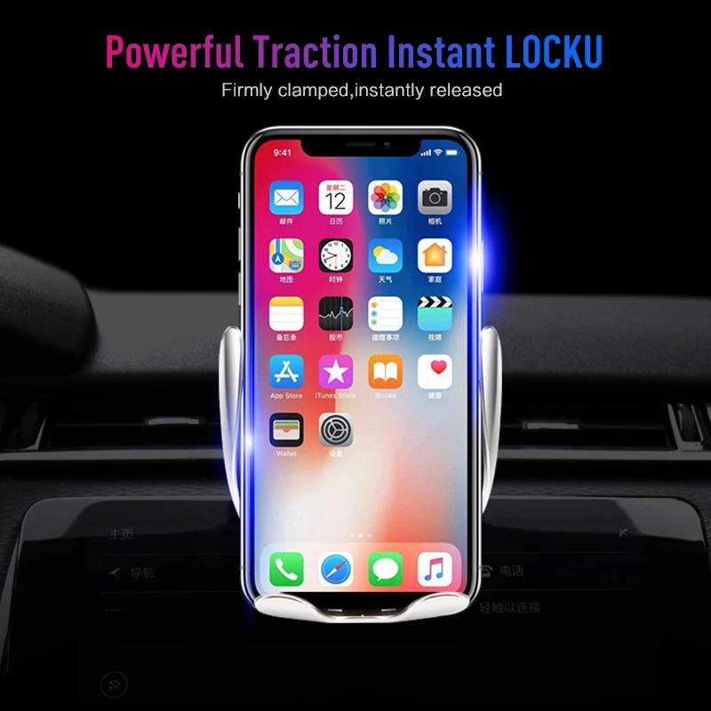 

For iPhone XS Max X XR Automatic Clamping Car Mount Wireless Charger Fast Wireless Charging Car Phone Holder For Samsung Android