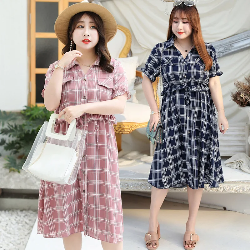 

Summer Large Size Women's Plaid Dress Short Sleeve Dress Big Size Vestidos Shirt Collar Plus Size Dresses Casual 4XL Bust 134 Cm