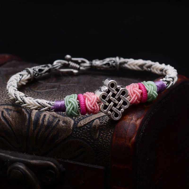 

Ethnic Lucky Rope Bracelet With Tibetan Silver Chinese Knots 8 Strands Hand Braided Blessing Safety String Bracelet For Women