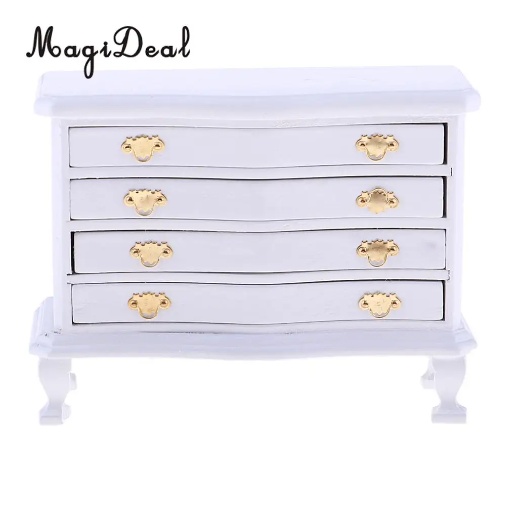 1/12 Scale Dollhouse Miniature Furniture White Dresser 4-Drawer Cabinet Room Life Scenes Decoration Accessories White