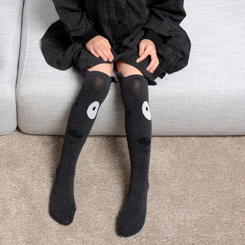 BalleenShiny/детские носки до колена с объемным рисунком модные длинные носки с принтом милой собаки и панды Мягкие хлопковые носки с мехом в полоску и бантом - Цвет: Black A