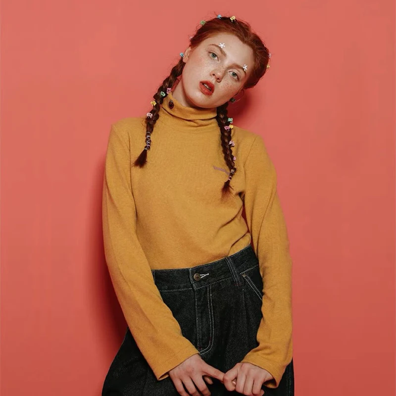 

Spring Autumn High Quality Women Basic T-Shirt Cartoon Embroidery Letter Yellow Tshirt Top Cotton Turtleneck Long Sleeve