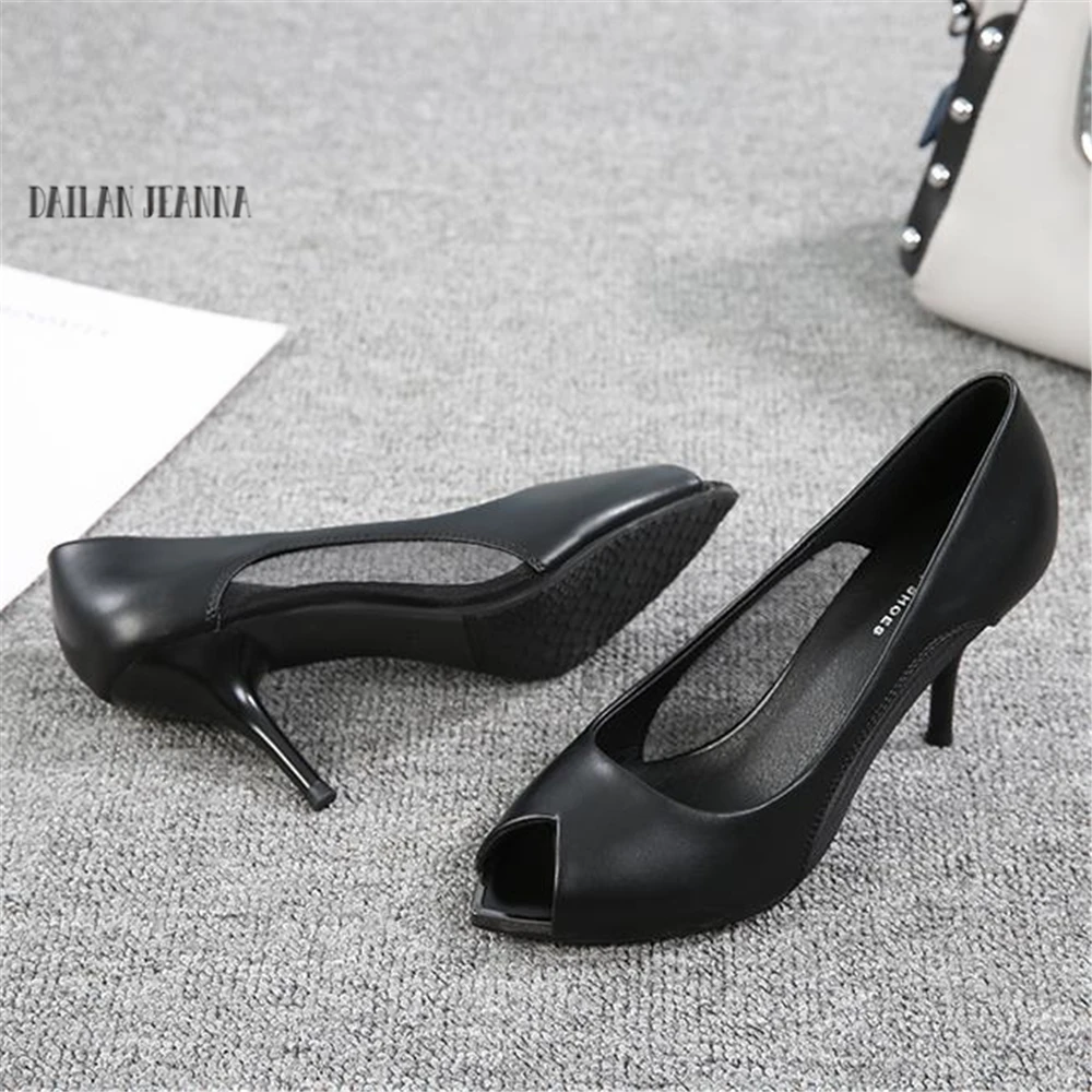 

2019 pumps new European American black soft leather gauze0 high heel shoes OL professional work shoes female fish mouth shoes.
