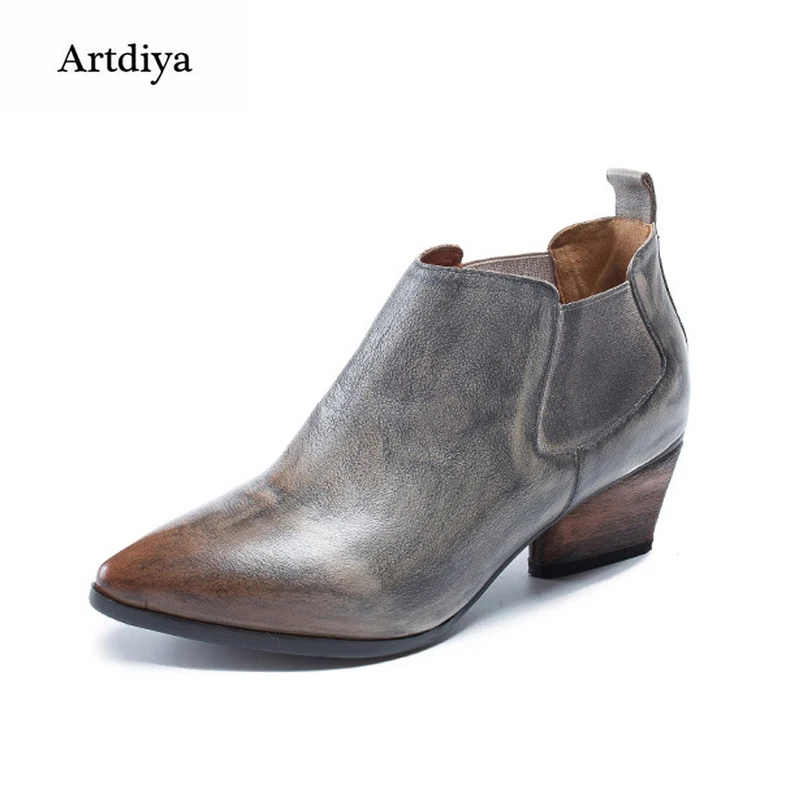 

Artdiya Original Retro Genuine Leather Boots Pointed Toe Autumn / Winter Simple Elastic Band Chelsea Handmade Ankle Boots