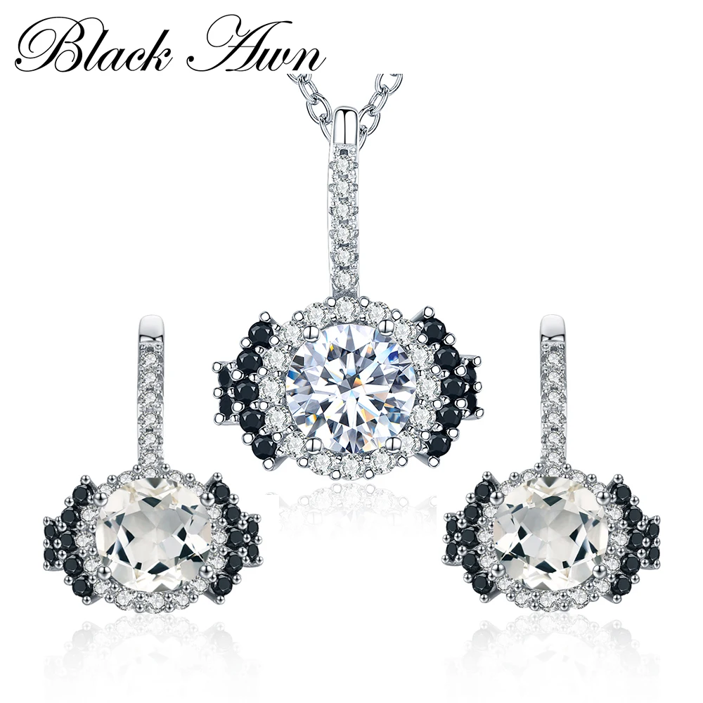 

[BLACK AWN] 925 Sterling Silver Fine Jewelry Sets Trendy Engagement Wedding Necklace+Earring for Women PT021