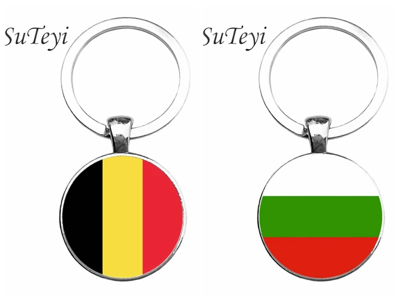 

SUTEYI 2017 New Style Country Flag Key Ring Bulgaria/Belgium Picture Key Chain Jewellery Glass Cabochon Backbag Keychain