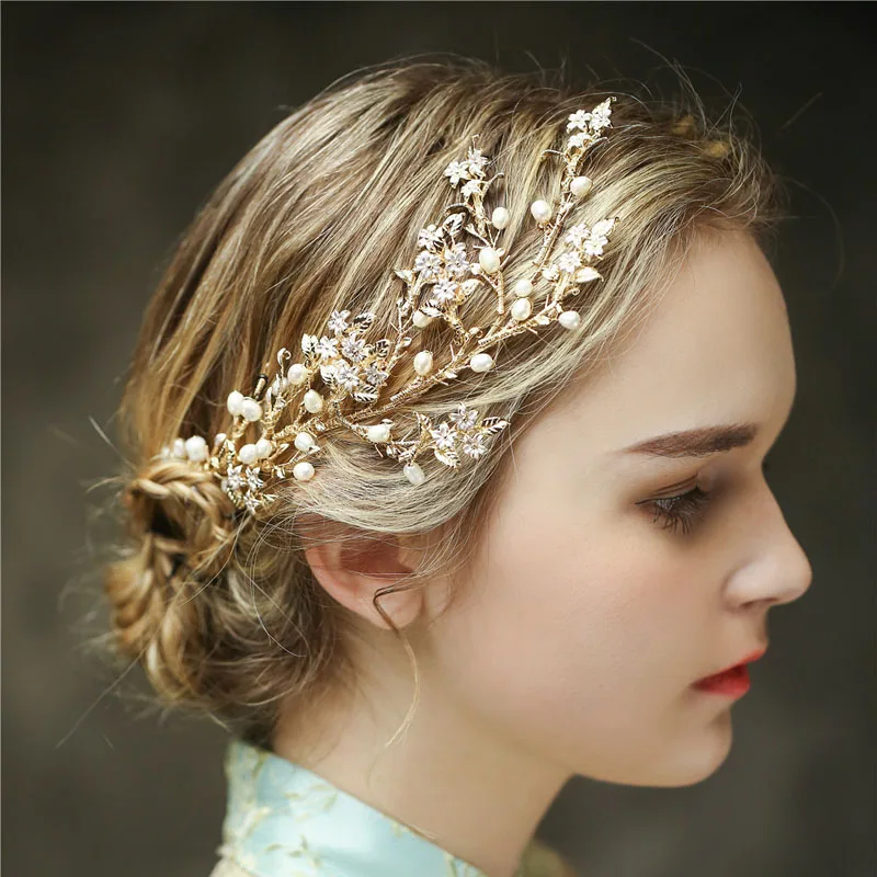 

SLBRIDAL Gold Handmade Crystal Rhinestone Freshwater Pearls Flower Wedding Tiara Headband Bridal Hair accessories Women Jewelry