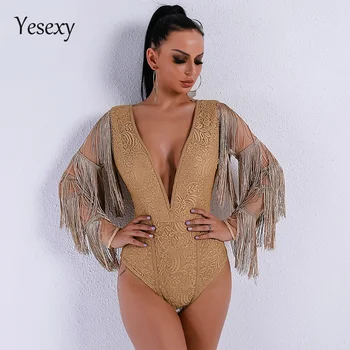 

Yesexy 2020 Summer Sexy Deep V Solid Color Tassel Women Bodysuit Long Sleeve Rompers Playsuits VR8917