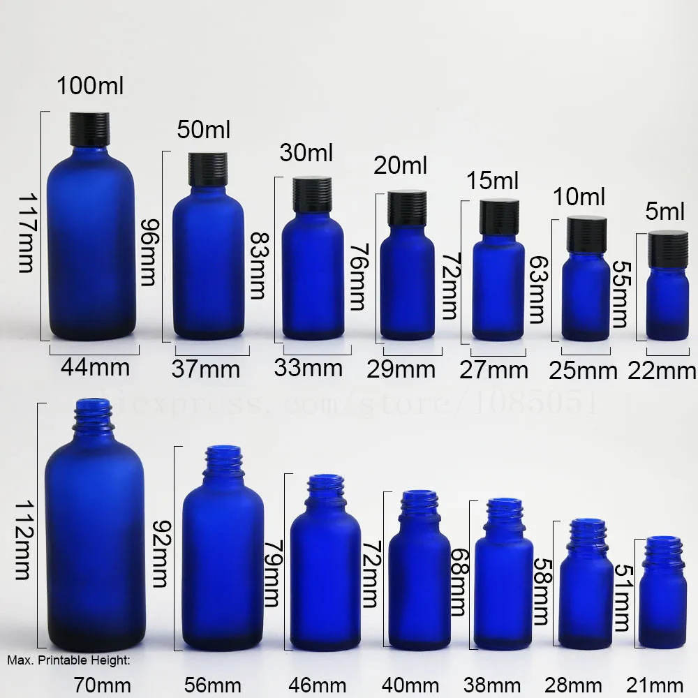 15 X empty  frosted blue essential oil bottle 5ml 10ml 15cc 20ml 30ml 1oz 50ml glass bottle with black gold silver lid screw cap image_2