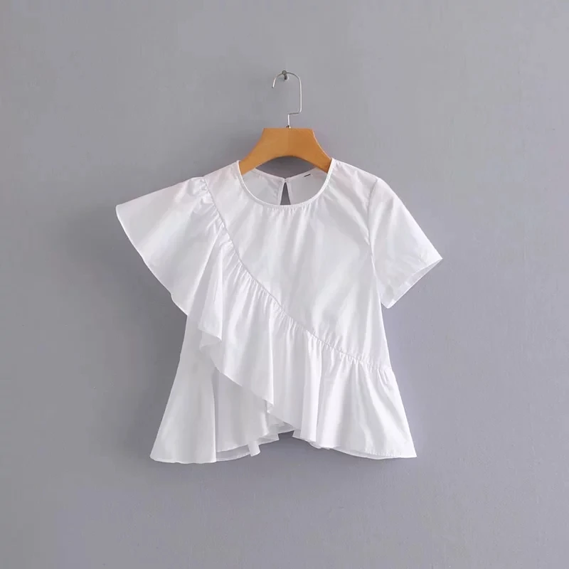 Новинка, модная Женская Асимметричная белая рубашка с оборками, повседневные блузы с коротким рукавом, свободные топы, сорочка, блузы S3898 - Цвет: as pic