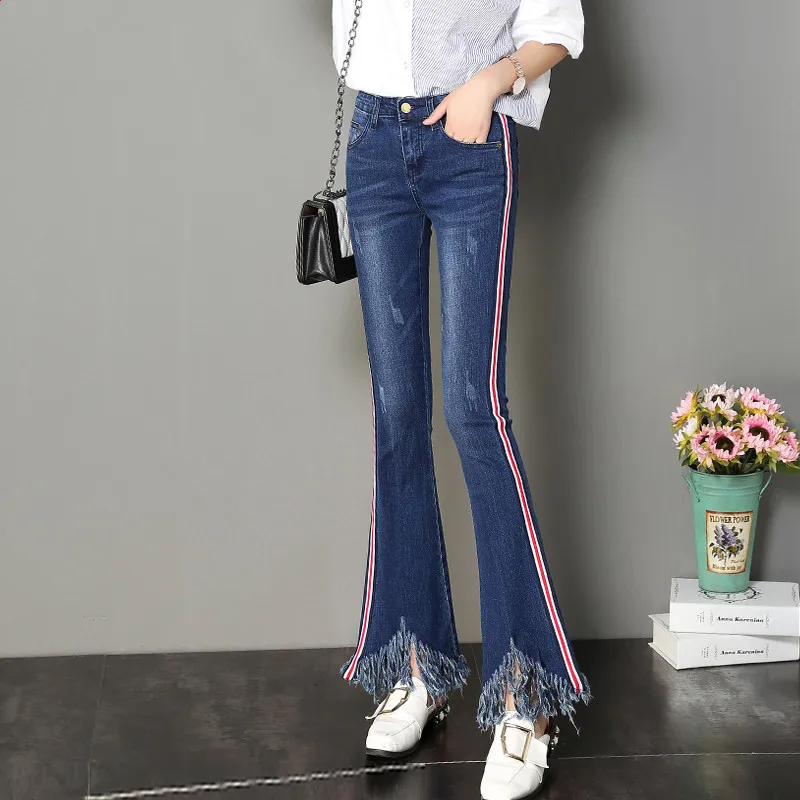 ACRMRAC Женская Весенняя и осенняя Высокая талия тонкая кисточка полоса усиленное переплетение, асимметричность маленькие расклешенные брюки длинные брюки джинсы женские