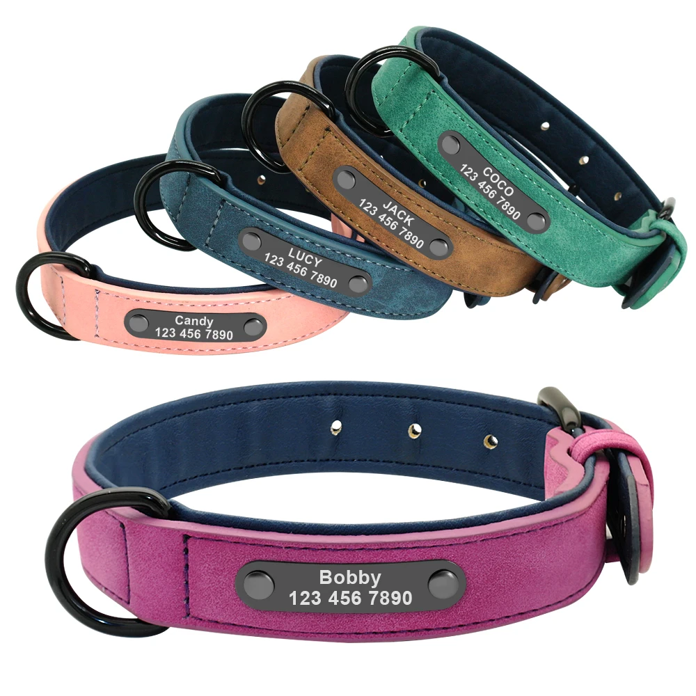 

Dog Collar Leather Customized Personalized Dogs Tag Collars Padded Pet Collar for Small Medium Large Dogs Pitbull Buldog K9