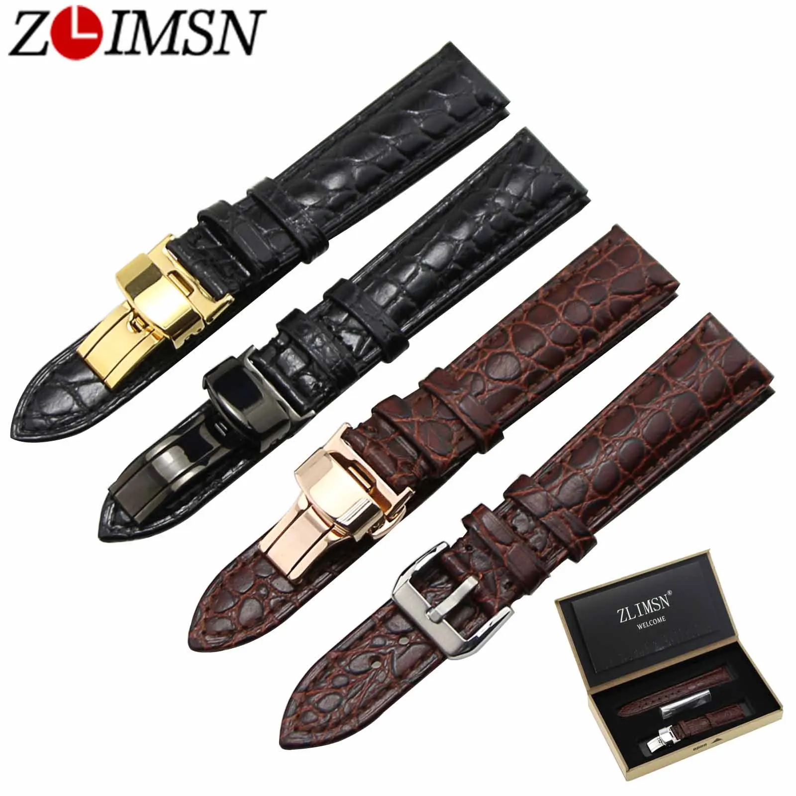 

ZLIMSN Crocodile Grain Genuine Leather Watchband 18mm 20mm Butterfly Buckle Double Push Button Clasp Box Relojes Hombre 2017