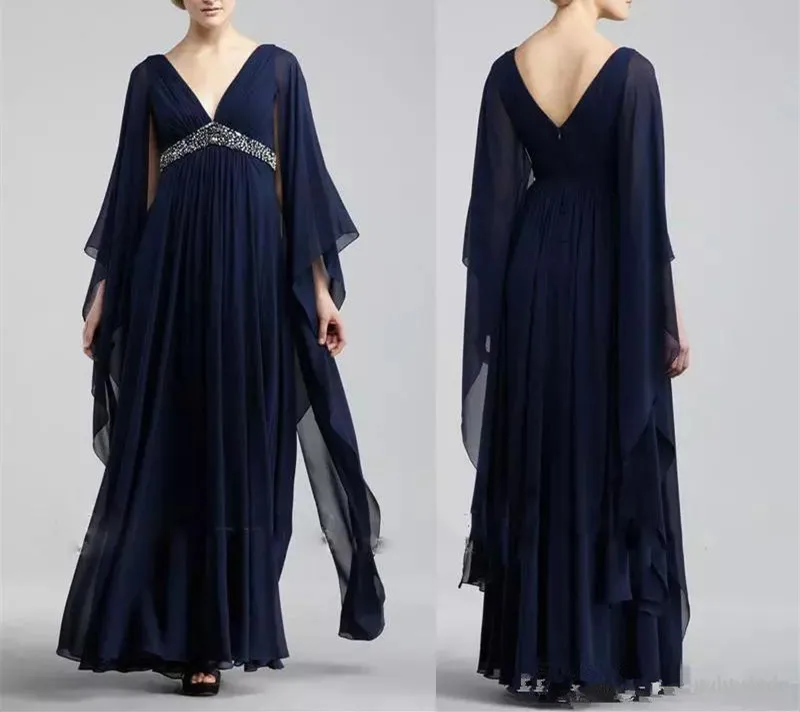 

2019 Navy Blue Chiffon Formal evening Mother Of Bride Dresses V Neck High Waist Beaded Floor Long Plus Size Prom Party Gowns