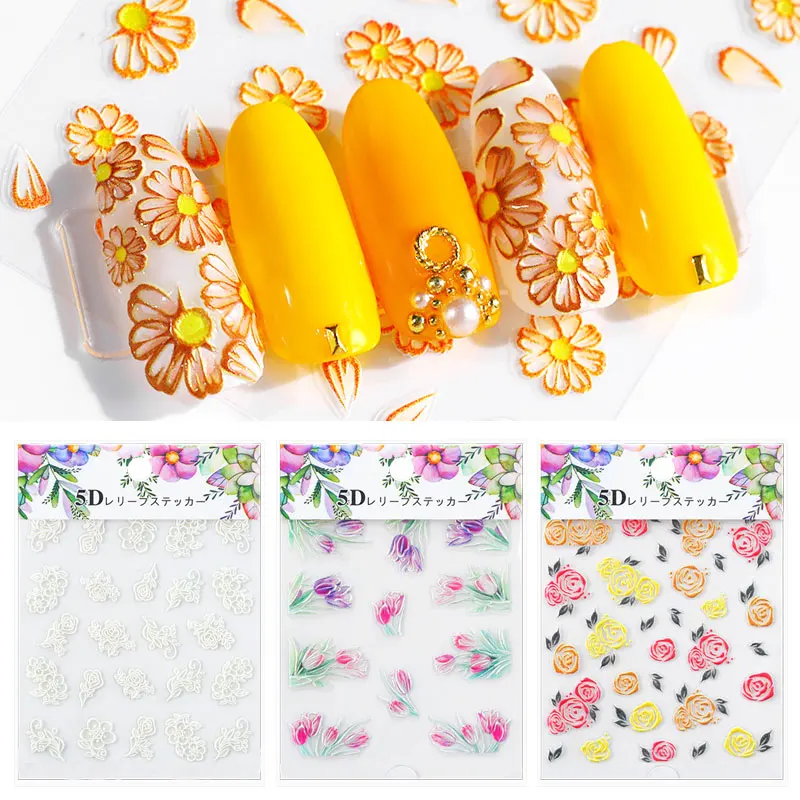

5D Nail Stickers Embossed Flowers Acrylic Engraved Mixed Pattern Self-adhesive Transfer Decals Nail Art Decoration Tips