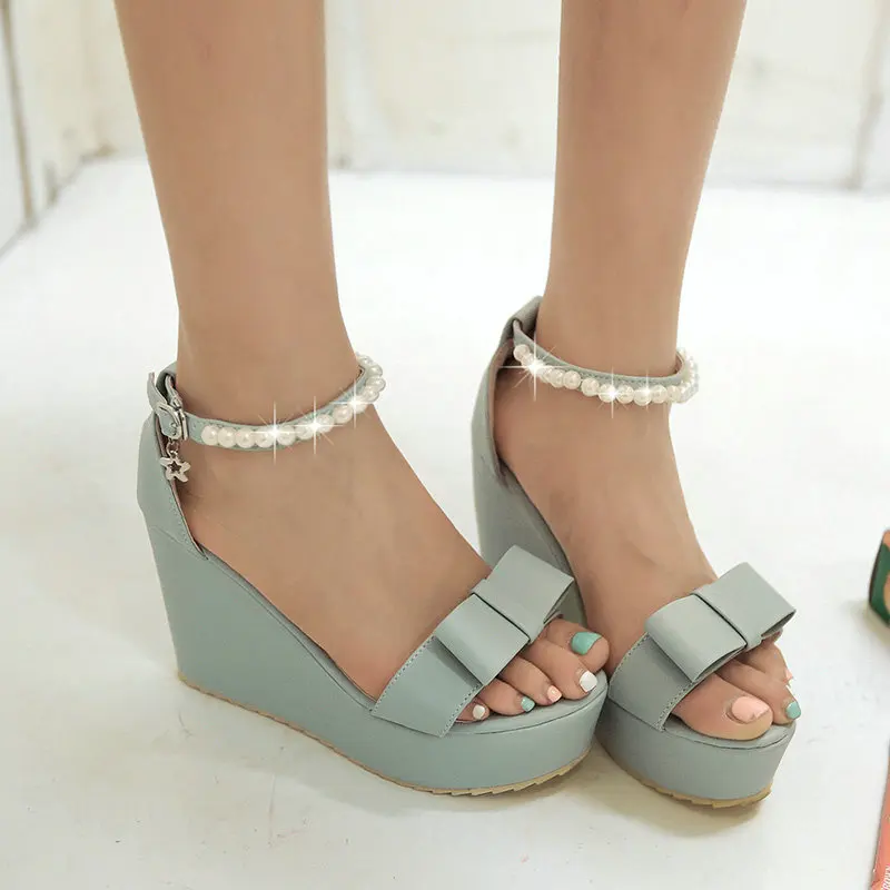 white wedge heels with bow