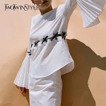 TWOTWINSTYLE Лоскутная Женская блузка с расклешенными рукавами, рубашка с перекрестной шнуровкой, сексуальные топы, Женская Повседневная модная одежда, осень, новинка
