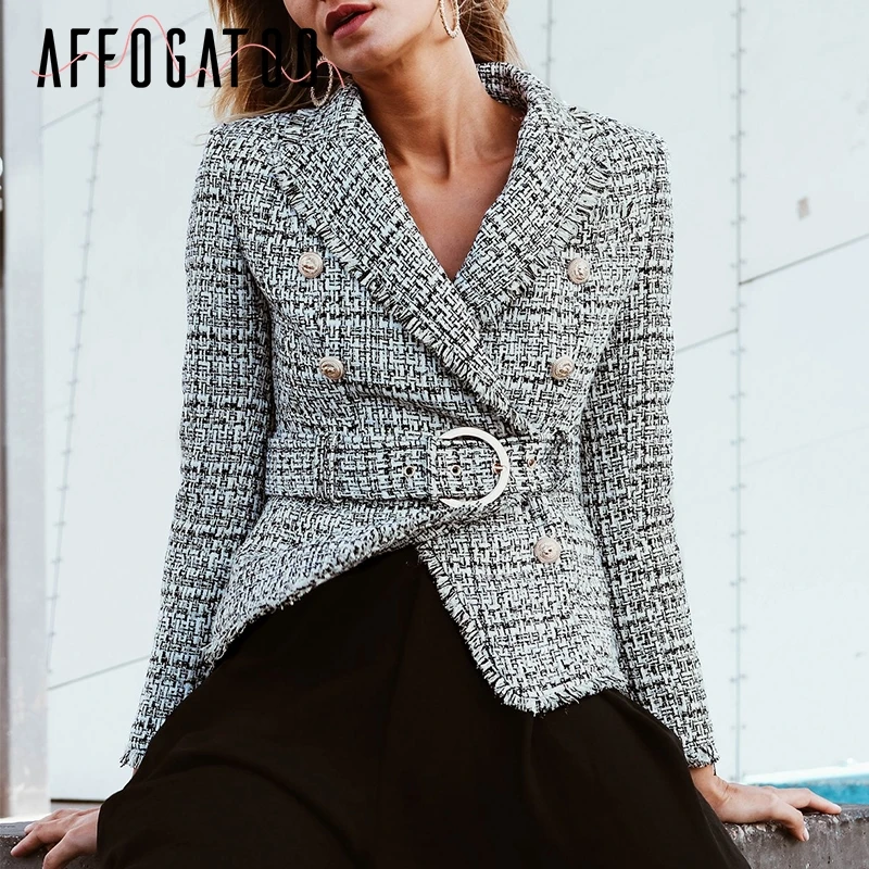 Afogafoo элегантный клетчатый блейзер с v-образным вырезом, пальто для женщин, повседневный двубортный твидовый ремень на пуговицах, Женское пальто, верхняя одежда с длинными рукавами, куртка
