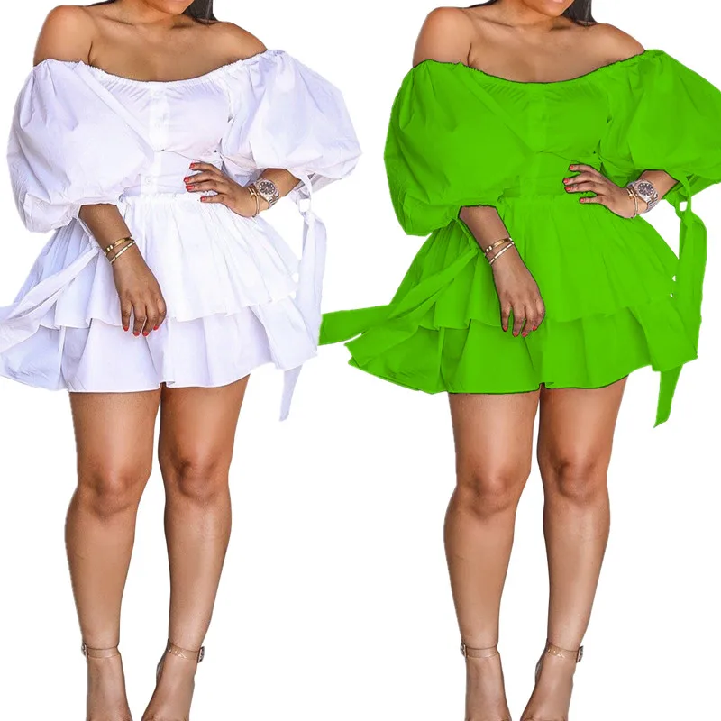 

High Quality Plus Size Women Fashion Dress Off Shoulder Puff Sleeve Summer Dress High Street Layered Mini Dress Vestidos M-XXL