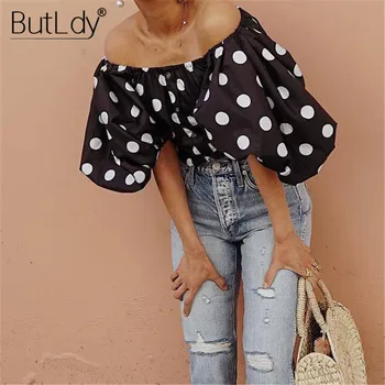 

Polka Dot Print Off Shoulder Short Shirt Women Half Sleeve Strapless Crop Top Summer 2019 Casual Black Chic Female Blouse Shirt