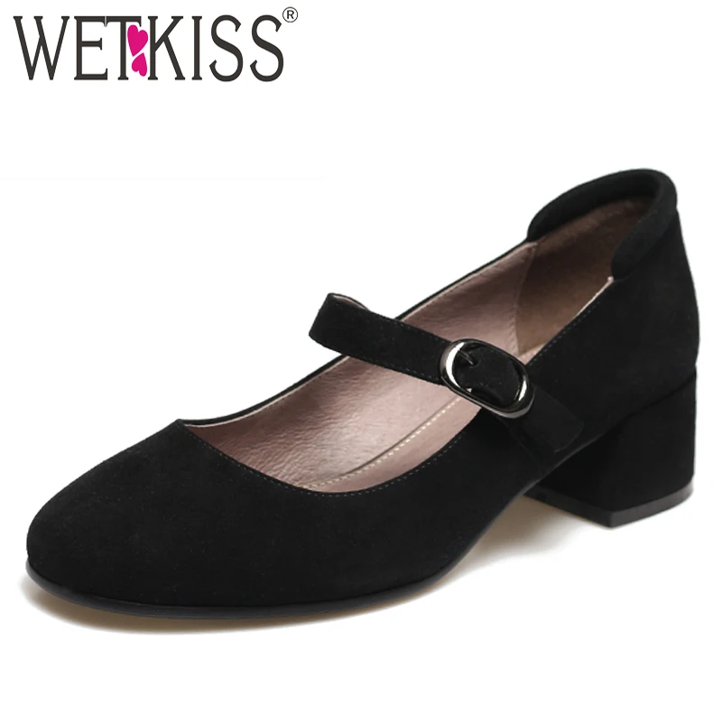 

WETKISS Mary Jane Pumps Women Round Toe Footwear Kid Suede Shoes Female Fashion Office Thick Heels Shoes Woman 2019 Spring New