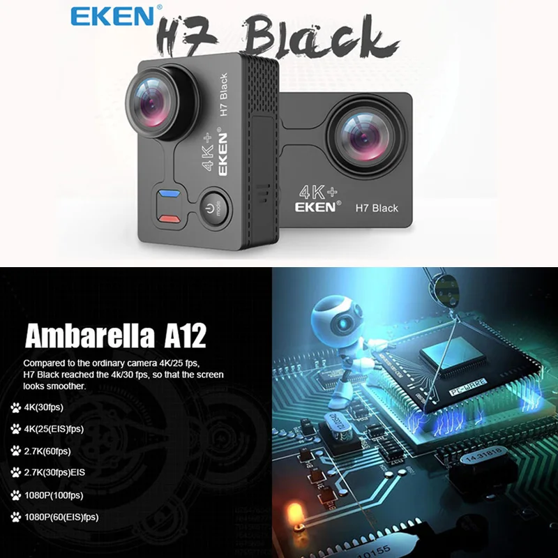 Eken H7 черная Экшн-камера Ultra HD 4K 4 k/30fps для Ambarella A12 14MP Go Водонепроницаемая Wifi Спортивная камера Pro EIS Вращение экрана DV