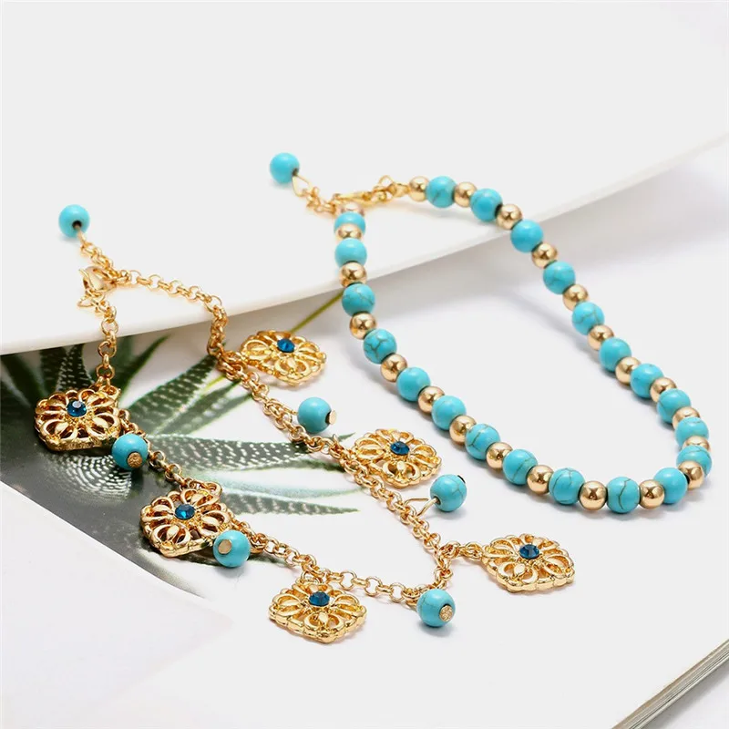 2Pcs/set Unique Green Howlite Bead Flower Pendant Gold Color Chain Anklet Souvenir Ankle Bracelet Foot Jewelry New