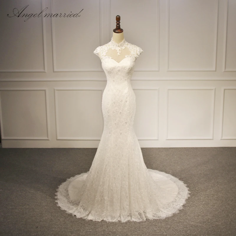 Angel Married Vestido De Noiva 2018 Cap Sleeves High Neck Wedding