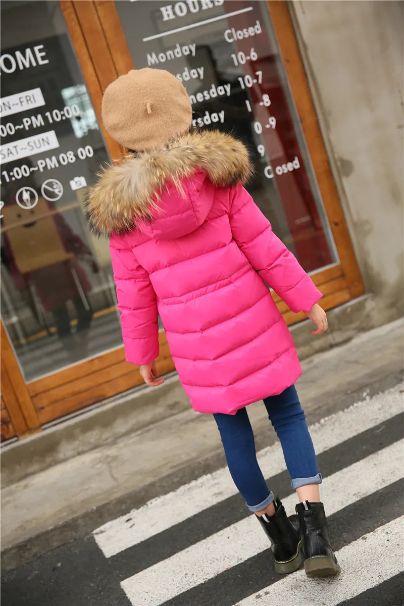 Утепленные пуховики для девочек Детские Пуховые Пальто с капюшоном и меховым воротником ветрозащитная куртка для девочек для холодной русской зимы