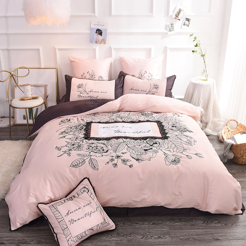 

King Queen Size 4/6/7 PCS Pink Lace Princess Style Long-Staple Cotton Bedding Set Duvet Cover Bed Linen Bed sheet Pillowcases