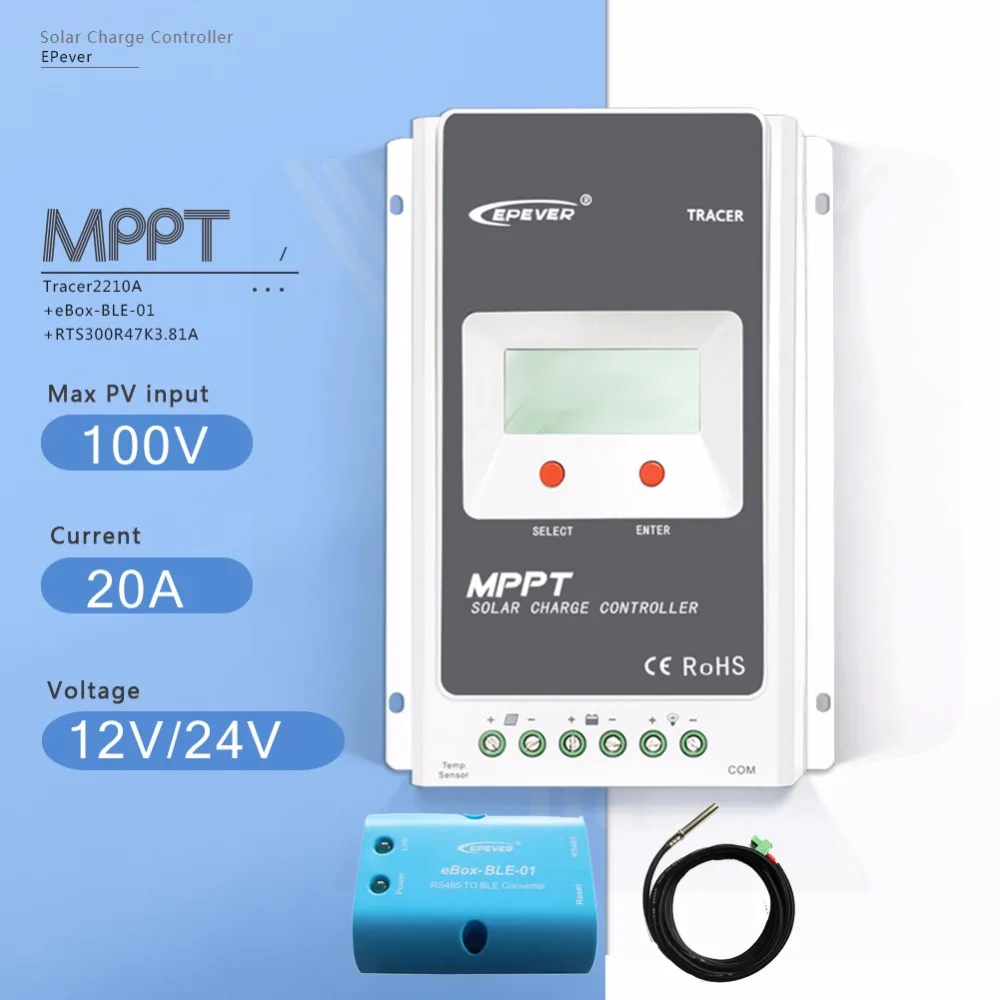 MPPT 20A Tracer 2210A Solar Charge Controller 12V/24V Auto Solar Battery Charge Regulator with Ebox BLE and Temperature Sensor two color choices mt50 solar regulator 20a mppt tracer2210a with ble and sensor for 12v 24v auto work