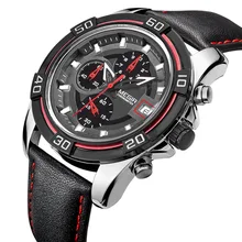 MEGIR Men Sports Watches Men s Quartz Hours Chronograph 6 Hands Clock Man Leather Strap Military