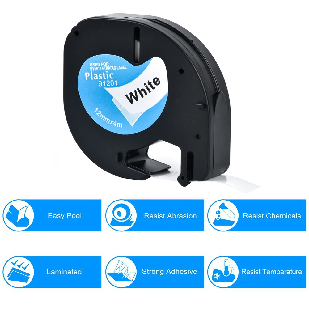 Plástica para Dymo 12mm para Lt-100h Cidy Pacote Lote Lt91201 lt 91201 91331 91221 Preto no Branco Compatível Dymo Fita Letratag 100 –