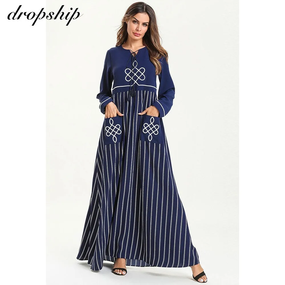 

Dropship Dress Women Dresses Maxi Long Plus Size Vintage Vestidos Verano 2019 Robe Femme Muslim Boho Embroidery Pockets Blue