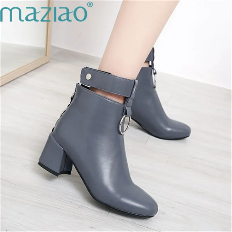 

Buckle Strap Autumn Winter High-heeled Leather Sqaure Toe Woman Boots Martin Boots Fashion Casual Shoes MAZIAO