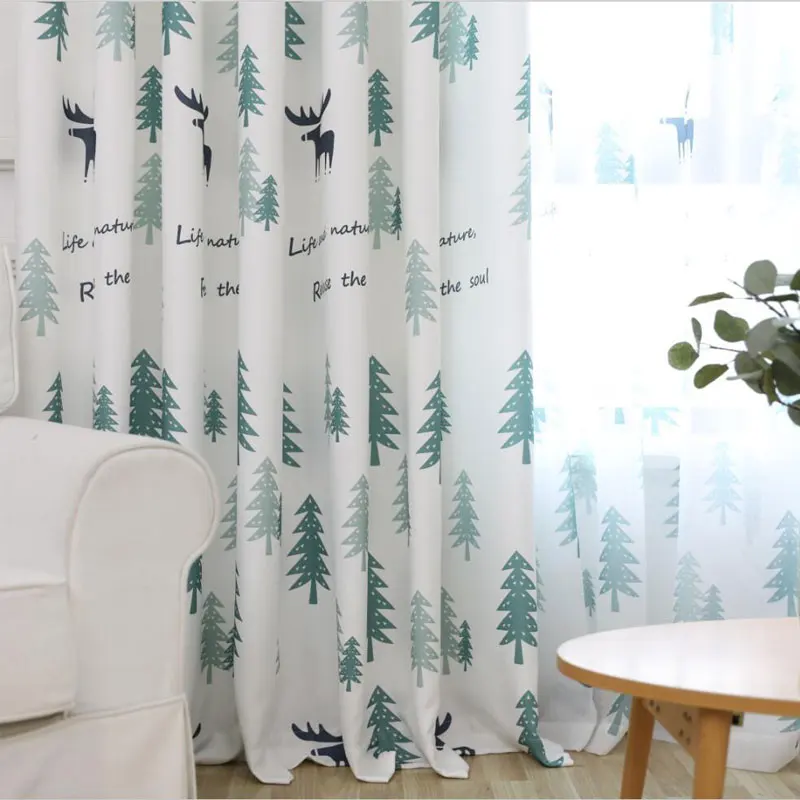 

2019 Curtains INS Modern Nordic Elk Cotton Linen Printing Curtains for Living Room Floating Window Shade Christmas Curtain