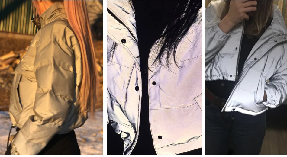 Женские куртки до бедра, светоотражающие, одноцветные, серые, на молнии, с пуговицами, зимнее пальто, длинный рукав, хлопок, облегающее Болеро для женщин